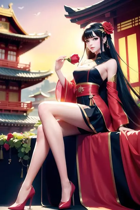 camellia,flower,red_flower,red_rose,rose,pink_rose,pink_flower,spider_lily,long_hair,sheath,sheathed,vase,1girl,solo,full body,looking_at_viewer,sitting,extreme detailed beautiful face,extremely detailed legs,black_pantyhose,
(perfect symmetrical body),orange_flower,rose_petals,black_shirt,black_legwear,black_skirt,hibiscus,very_long_hair,sailor_collar,black_hair,neckerchief,
hair ornament,smile,closed mouth,lips china dress,hair ornament,high_heels,jewelry,long hair,earrings,dress,chinese clothes,architecture,east asian architecture,building,outdoors,rooftop,city,cityscape,
