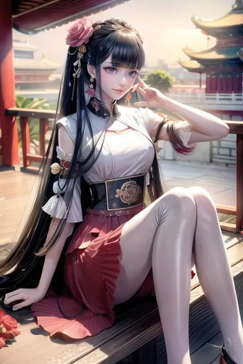 camellia,flower,red_flower,red_rose,rose,katana,1girl,pink_rose,pink_flower,spider_lily,shoes,long_hair,school_uniform,serafuku,sheath,skirt,solo,sheathed,vase,looking_at_viewer,sitting,orange_flower,pleated_skirt,rose_petals,black_shirt,black_legwear,black_skirt,hibiscus,very_long_hair,parted_lips,loafers,sailor_collar,black_hair,neckerchief,<lora:add_detail:1>,<lora:behisheroinev10:0.2>,Beautiful face,hair ornament,solo,smile,closed mouth,lips china dress,dress,hair ornament,necklace,jewelry,long hair,earrings,chinese clothes,architecture,east asian architecture,building,outdoors,rooftop,city,cityscape,<lora:40d_grey_pantyhose:1>,