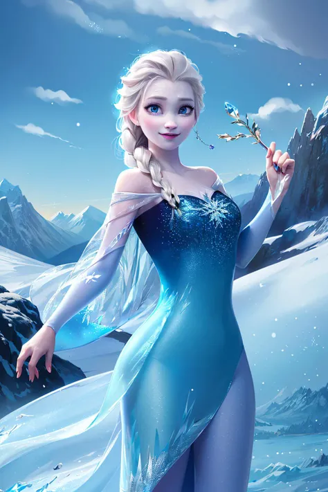 (elsa \(frozen\),(masterpiece:1.4), (best qualit:1.4), (high resolution:1.4), elsa of arendelle, blue ice dress, single braid, (looking at viewer:1.1), mountain, snow, ice, <lora:Elsa (Disney): Wrise:1>