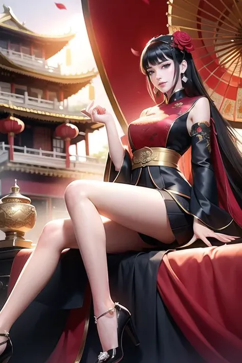 camellia,flower,red_flower,red_rose,rose,katana,pink_rose,pink_flower,spider_lily,long_hair,sheath,sheathed,vase,1girl,solo,full body,looking_at_viewer,sitting,extreme detailed beautiful face,extremely detailed legs,
(perfect symmetrical body),
orange_flower,rose_petals,black_shirt,black_legwear,black_skirt,hibiscus,very_long_hair,parted_lips,sailor_collar,black_hair,neckerchief,dress,highheels,
hair ornament,smile,closed mouth,lips china dress,hair ornament,high_heels,jewelry,long hair,earrings,chinese clothes,architecture,east asian architecture,building,outdoors,rooftop,city,cityscape,