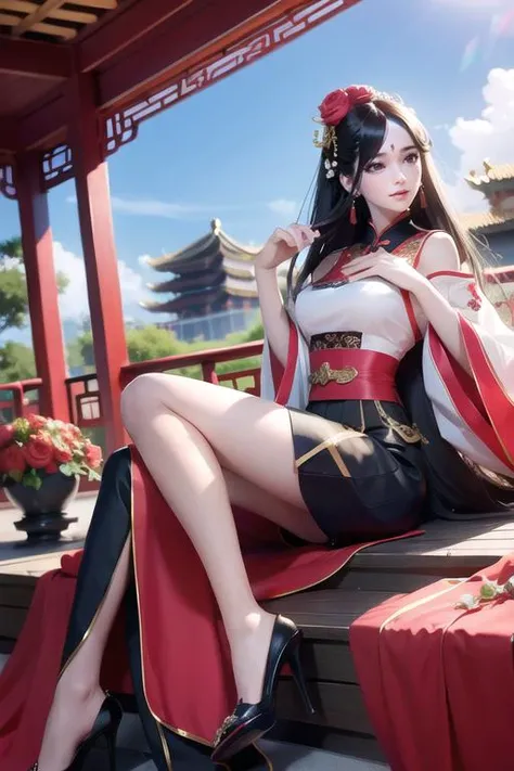 camellia,flower,red_flower,red_rose,rose,pink_rose,pink_flower,spider_lily,long_hair,sheath,sheathed,vase,1girl,solo,full body,looking_at_viewer,sitting,extreme detailed beautiful face,extremely detailed legs,black_pantyhose,
(perfect symmetrical body),orange_flower,rose_petals,black_shirt,black_legwear,black_skirt,hibiscus,very_long_hair,sailor_collar,black_hair,neckerchief,extremely detailed hands,extremely detailed fingers,
hair ornament,smile,closed mouth,lips china dress,hair ornament,high_heels,jewelry,long hair,earrings,dress,chinese clothes,architecture,east asian architecture,building,outdoors,rooftop,city,cityscape,huge filesize,colorful,realistic,reality,