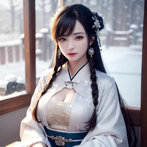 (Masterpiece),(best quality),((masterpiece)),(highres), original,( extremely detailed 8K wallpaper), overexposure,1girl,( Mature women),close-up,medium breasts,Extremely Delicate Beautiful,(Beautiful and detailed eye description),((Delicate Faces)),(Winter snow),(chinese style architecture),hair accessories,necklace,Chinese style clothes,Chinese Han clothing,White and blue Taoist robe,earrings,Long hair,crossed bangs,( Upper body),sitting