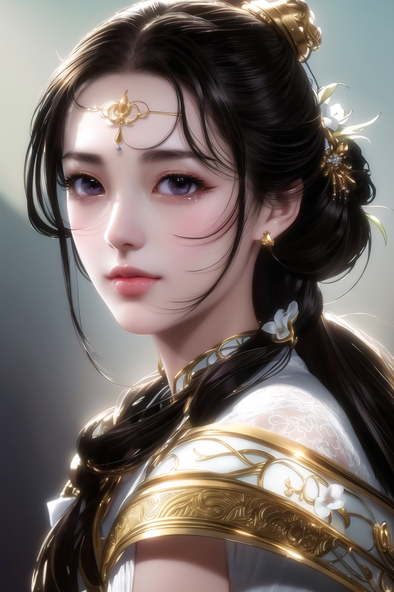 A woman with long hair and a gold headpiece in a white dress - SeaArt AI