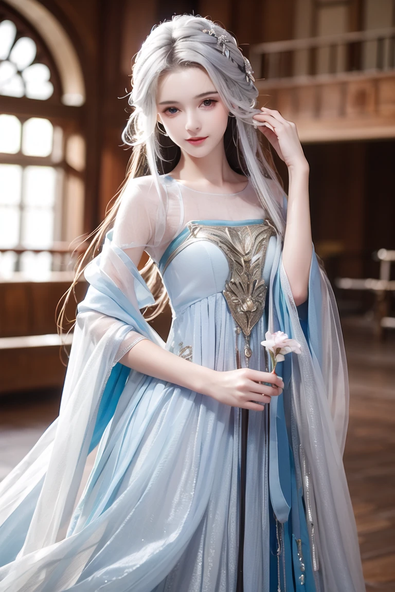 masterpiece, best quality, ung woman, detailed, medival dress, messy long hair, standing, look at the viewer, (serious: 0.85), (sliver hair: 1.25), white hair, high res, depth of field, best quality, highly detailed, sharp focus, modelshoot style, indoor
<lora:dressing-lora-hanfugirl-v1.5:0.7>