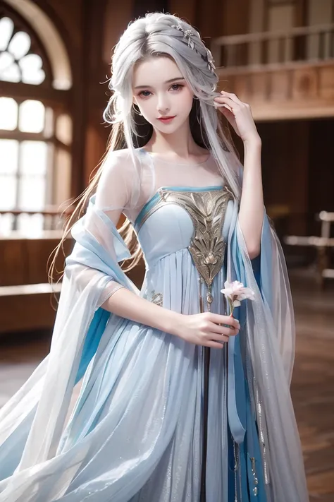 masterpiece, best quality, ****ung woman, detailed, medival dress, messy long hair, standing, look at the viewer, (serious: 0.85), (sliver hair: 1.25), white hair, high res, depth of field, best quality, highly detailed, sharp focus, modelshoot style, indoor
 <lora:dressing-lora-hanfugirl-v1.5:0.7>