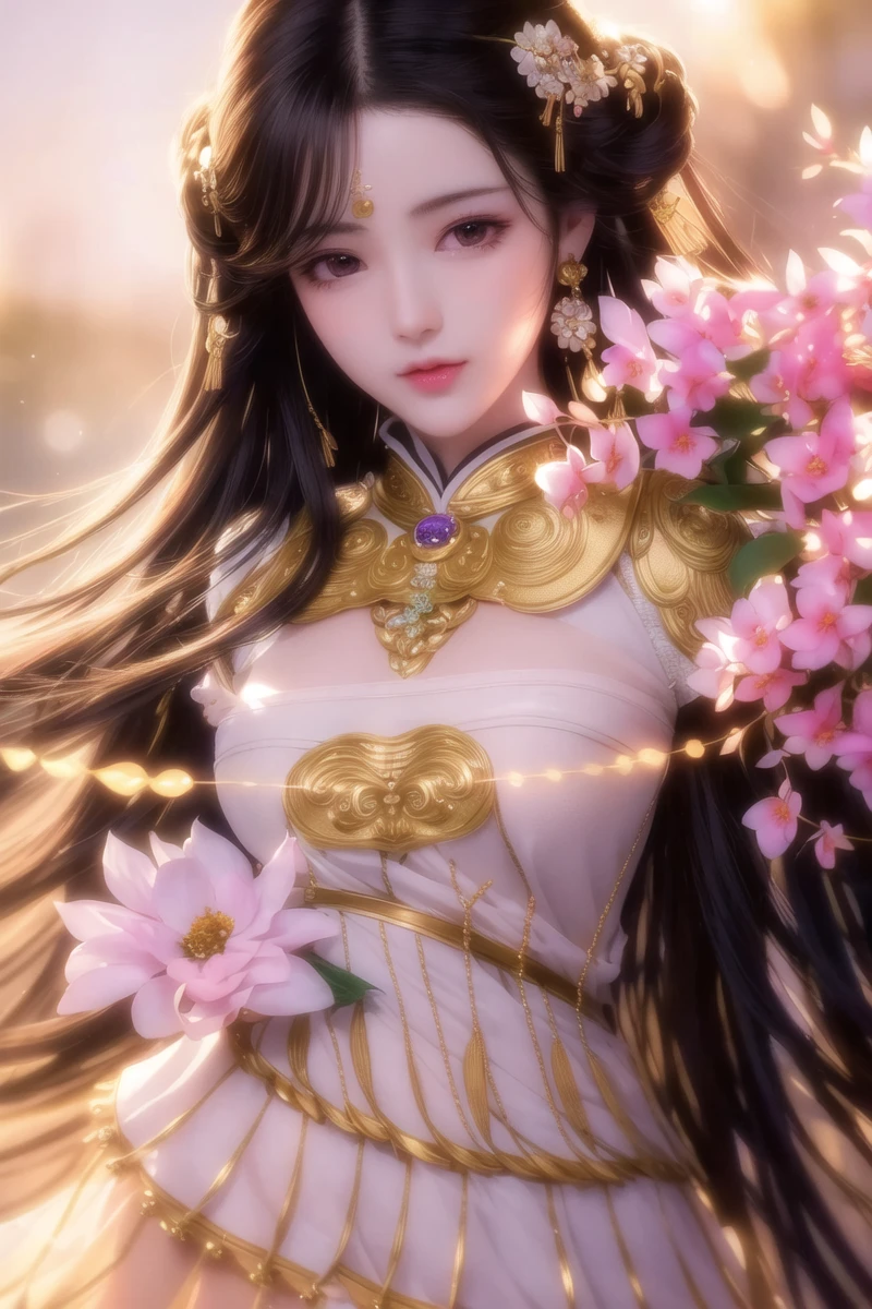 (masterpiece:1.0), (best quality:1.4), (ultra highres:1.2), (delicate illustration:1.4),(8k, RAW photo:1.2), (soft focus:1.4), grown woman, (30yo:1.3), (sharp focus:1.4), (Japanese:1.0),(china:0.5), ((Liu Yi Fei)),black hair, High quality, masterpiece, masterpiece, exquisite facial features, exquisite hair, exquisite eyes, exquisite colored hair, 4K quality, gorgeous light and shadow,(masterpiece),(best quality),(1girl), round eyes and long hair, shot outside, vibrant colors, symmetrical face, perfect skin, volumetric lighting, stunning environment, highly detailed, ultra realistic, posing,hick lips, beautiful lips, intricate hair ornament,cinematic light,bright light,bright colors, bokeh background,(flower background),earrings,large breasts,hands behind your back,