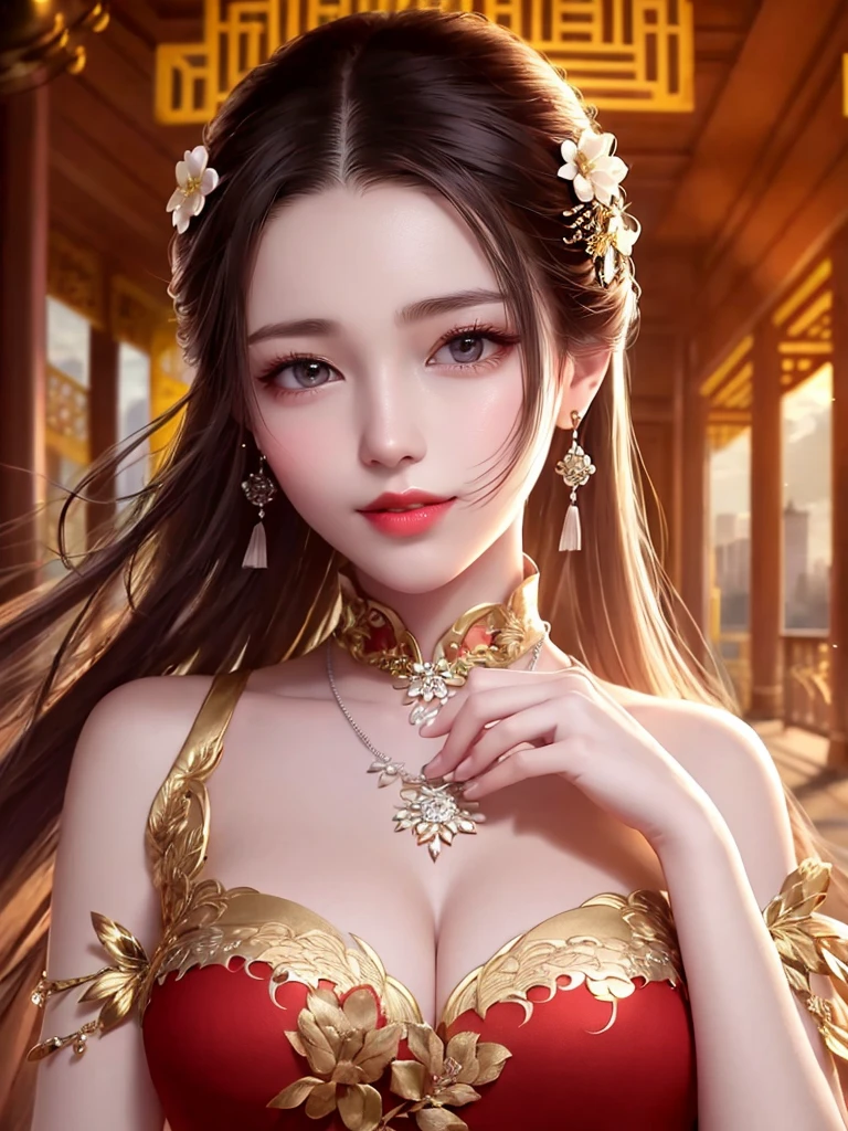 best quality, masterpiece, highres, 1girl,china dress,Beautiful face,hair ornament, solo,looking at viewer,smile,closed mouth,lips,china dress,dress,hair ornament, necklace, jewelry, long hair, earrings, chinese clothes,architecture,east asian architecture,building,outdoors,rooftop,city,cityscape