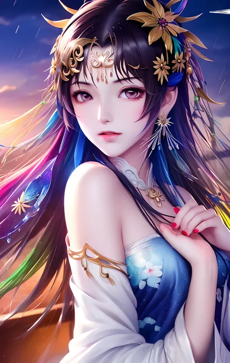 dramatic angle,(fluttered detailed color splashs), (illustration),(((1 girl))),(long hair),(rain:0.9),(hair ornament:1.4),there is an ancient palace beside the girl,chinese clothes,(focus on), color Ink wash painting,(color splashing),colorful splashing,(((colorful))),(sketch:0.8), Masterpiece,best quality, beautifully painted,highly detailed,(denoising:0.6),[splash ink],((ink refraction)), (beautiful detailed sky),moon,highly,detaild,(masterpiece, best quality, extremely detailed CG unity 8k wallpaper,masterpiece, best quality, ultra-detailed),(Lycoris radiata)