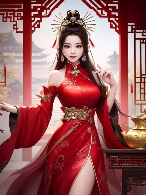 best quality, masterpiece, highres, 1girl,china dress,Beautiful face, hair ornament, solo,looking at viewer,smile,closed mouth,lips, dress,hair ornament, necklace, jewelry, long hair, earrings, chinese clothes, architecture,east asian architecture