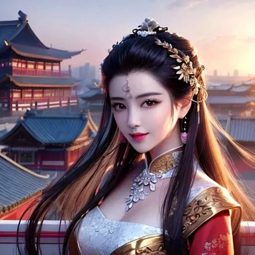 best quality, masterpiece, highres, 1girl,china dress,Beautiful face,hair ornament, solo,looking at viewer,smile,closed mouth,lips,china dress,dress,hair ornament, necklace, jewelry, long hair, earrings, chinese clothes,architecture,east asian architecture,building,outdoors,rooftop,city,cityscape