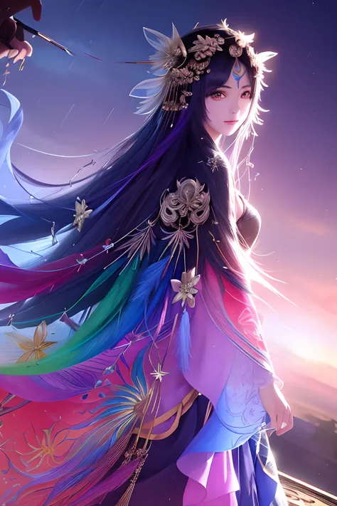 dramatic angle,(fluttered detailed color splashs), (illustration),(((1 girl))),(long hair),(rain:0.9),(hair ornament:1.4),there is an ancient palace beside the girl,chinese clothes,(focus on), color Ink wash painting,(color splashing),colorful splashing,(((colorful))),(sketch:0.8), Masterpiece,best quality, beautifully painted,highly detailed,(denoising:0.6),[splash ink],((ink refraction)), (beautiful detailed sky),moon,highly,detaild,(masterpiece, best quality, extremely detailed CG unity 8k wallpaper,masterpiece, best quality, ultra-detailed),(Lycoris radiata)