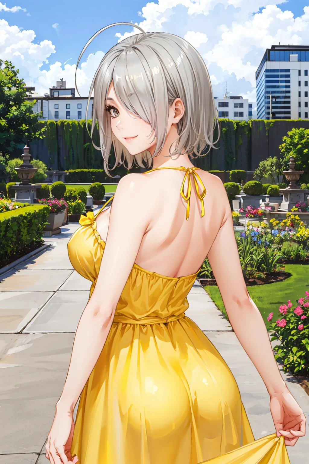 masterpiece, best quality, <lora:tachibanachizuru-nvwls-v1-000009:0.9> tachibana chizuru, silver hair, ahoge, hair over one eye, yellow sundress, from behind, garden, cityscape, blue sky, smile, large breasts <lora:edgChamYellowSundress:1> edgYSD,woman wearing a yellow sundress