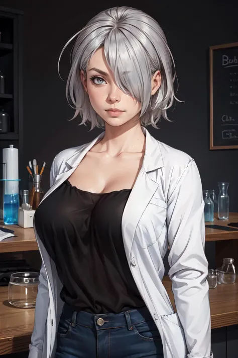 (masterpiece, best quality, 4k, detailed, intricate, realistic),inside lab,1girl, tachibana chizuru, silver hair,hair over one eye, collarbone, black camisole, cleavage, labcoat, jeans <lora:tachibanachizuru-nvwls-v1:0.9>