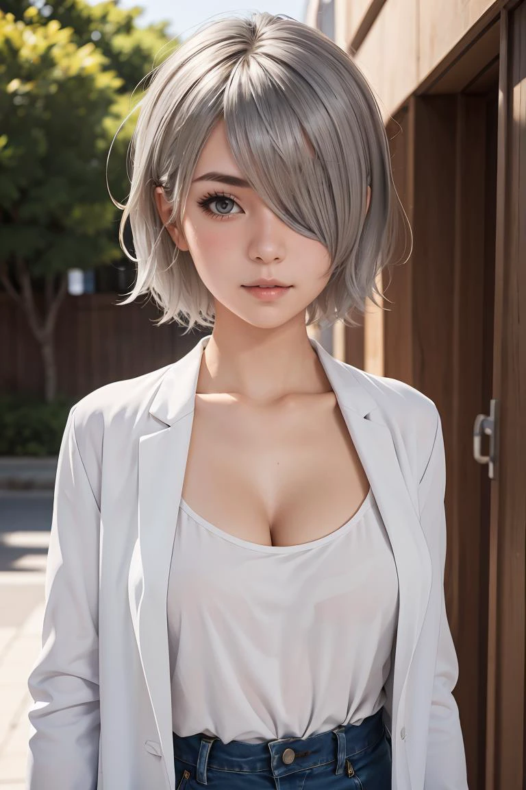 (masterpiece, best quality), 1girl, <lora:tachibanachizuru-nvwls-v1:0.8> tachibana chizuru, silver hair, hair over one eye, collarbone, black camisole, cleavage, labcoat, jeans