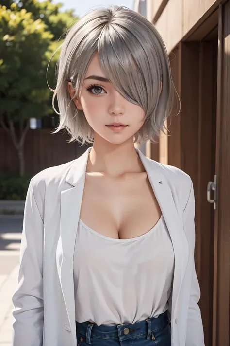 (masterpiece, best quality), 1girl,   <lora:tachibanachizuru-nvwls-v1:0.8> tachibana chizuru, silver hair, hair over one eye, collarbone, black camisole, cleavage, labcoat, jeans