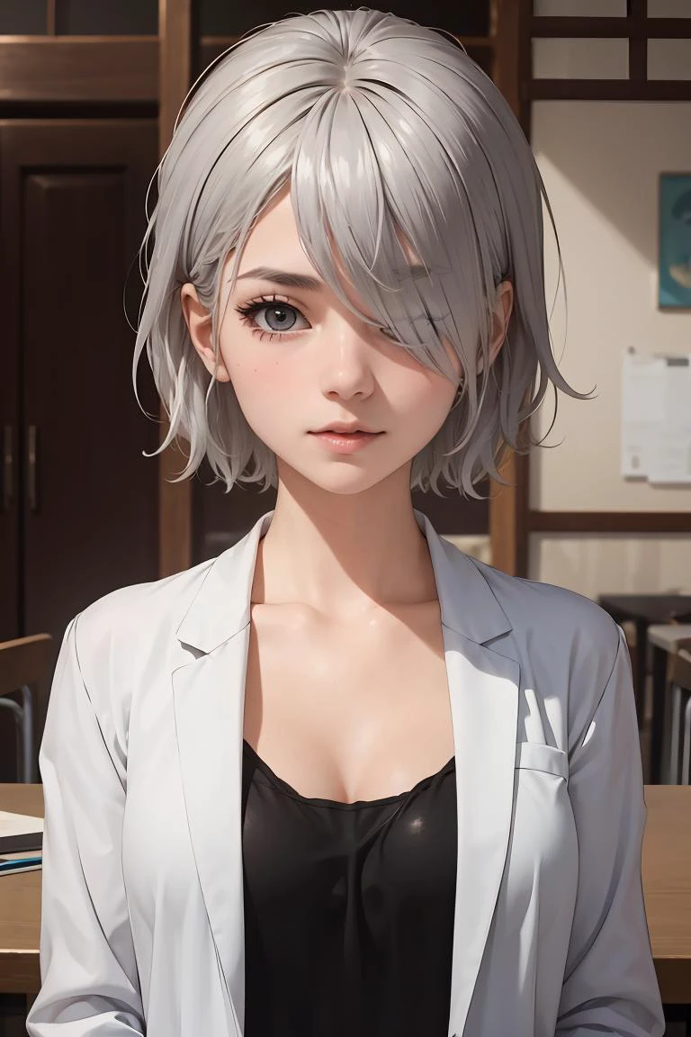 (masterpiece, best quality), 1girl, <lora:tachibanachizuru-nvwls-v1:0.8> tachibana chizuru, silver hair, hair over one eye, collarbone, black camisole, cleavage, labcoat, jeans