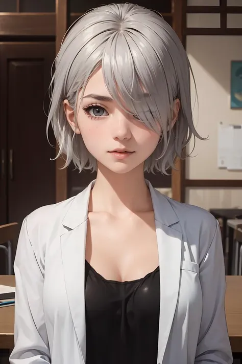 (masterpiece, best quality), 1girl,   <lora:tachibanachizuru-nvwls-v1:0.8> tachibana chizuru, silver hair, hair over one eye, collarbone, black camisole, cleavage, labcoat, jeans