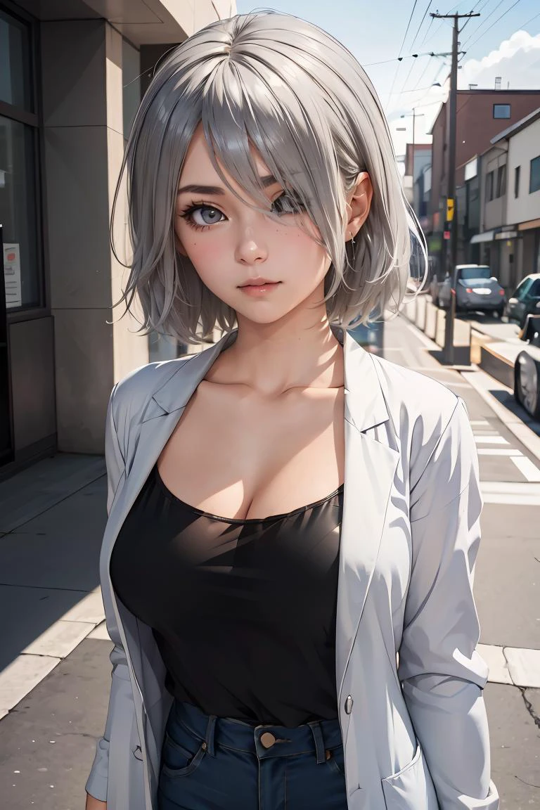 (masterpiece, best quality), 1girl, <lora:tachibanachizuru-nvwls-v1:0.8> tachibana chizuru, silver hair, hair over one eye, collarbone, black camisole, cleavage, labcoat, jeans