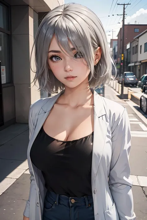 (masterpiece, best quality), 1girl,   <lora:tachibanachizuru-nvwls-v1:0.8> tachibana chizuru, silver hair, hair over one eye, collarbone, black camisole, cleavage, labcoat, jeans