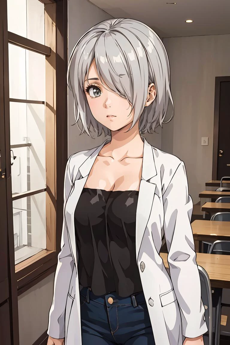 (masterpiece, best quality), 1girl, <lora:tachibanachizuru-nvwls-v1:0.8> tachibana chizuru, silver hair, hair over one eye, collarbone, black camisole, cleavage, labcoat, jeans