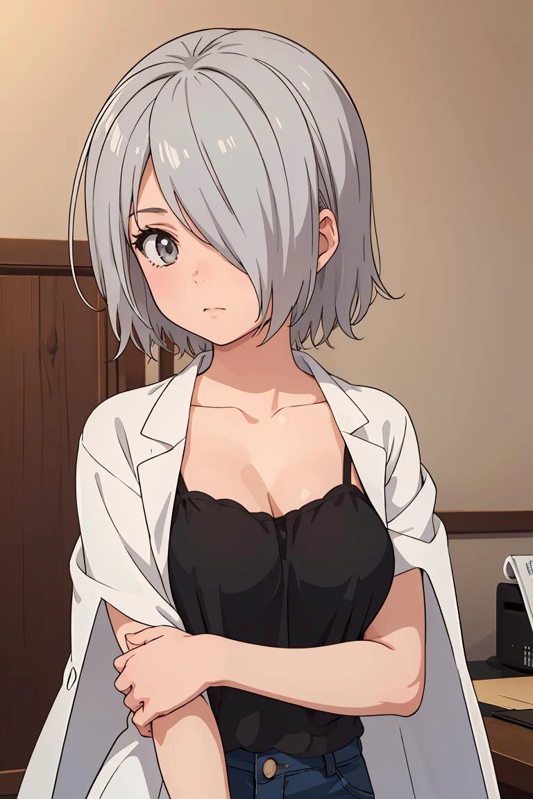 (masterpiece, best quality), 1girl, <lora:tachibanachizuru-nvwls-v1:0.8> tachibana chizuru, silver hair, hair over one eye, collarbone, black camisole, cleavage, labcoat, jeans