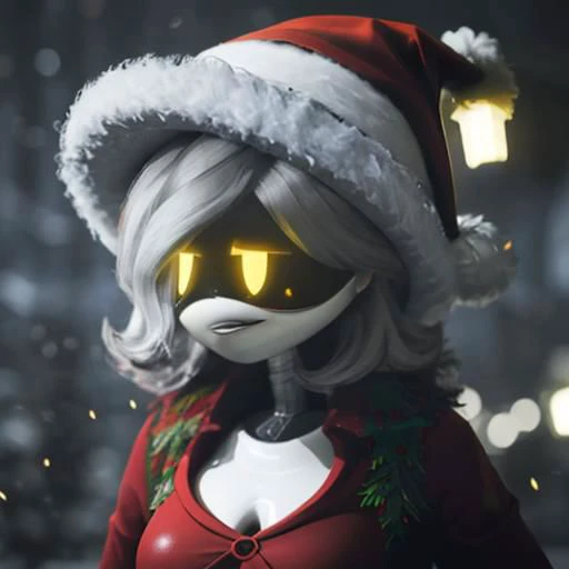 murder drone, glitchproductions, V, drone, robot, yellow eyes, gray hair, mechanical tail, full hd, rtx, red christmas sliders, christmas hat, winter, blurred christmas background, happy, chest viewing, gigantic breasts, lactation, (gigantic breasts:1.2), looking on the viewer, close-up, close face, deep color, night