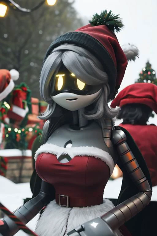 murder drone, glitchproductions, V, drone, robot, yellow eyes, gray hair, mechanical tail, full hd, rtx, red christmas sliders, christmas hat, winter, blurred christmas background, happy, chest viewing, gigantic breasts, lactation, (gigantic breasts:1.2), looking on the viewer, close-up, close face, deep color, night