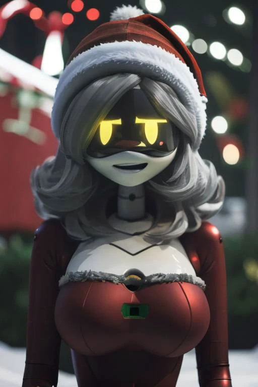 murder drone, glitchproductions, V, drone, robot, yellow eyes, gray hair, mechanical tail, full hd, rtx, red christmas sliders, christmas hat, winter, blurred christmas background, happy, chest viewing, gigantic breasts, lactation, (gigantic breasts:1.2), looking on the viewer, close-up, close face, deep color, night