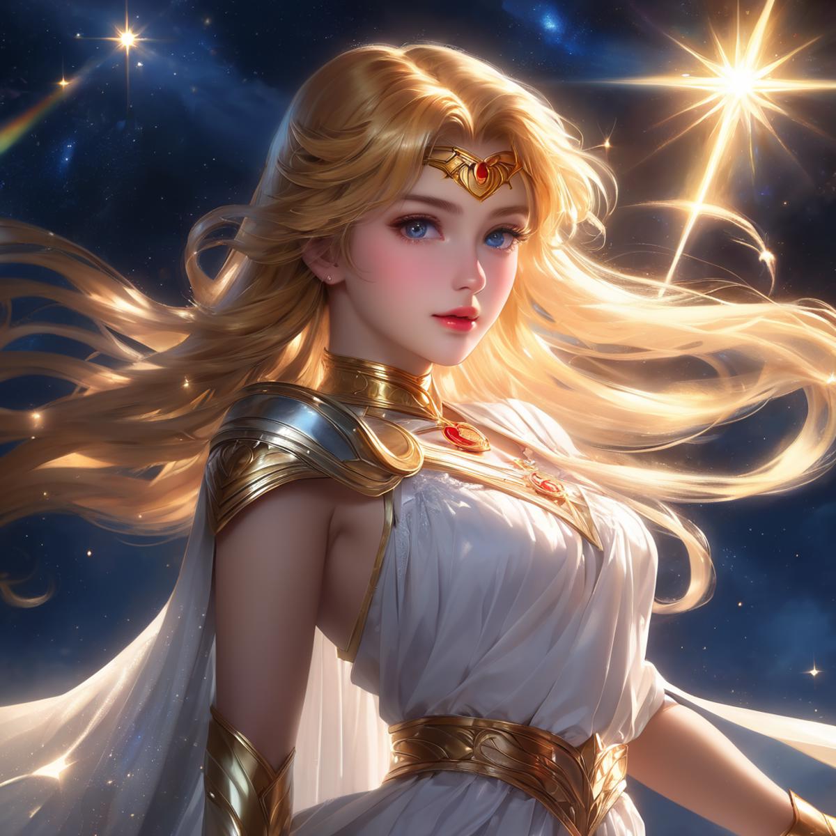 A woman in a white dress holding a sword and a star - SeaArt AI