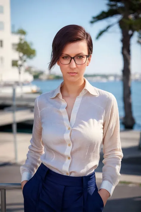 A stunning intricate full color portrait of a beautiful woman, linen shirt and navy slacks, active harbor,glasses, epic character composition,by ilya kuvshinov, alessio albi, nina masic,sharp focus, subsurface scattering, f2, 35mm, film grain<lora:Emargan:1>