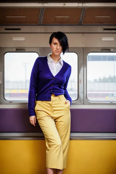 A full color portrait of a beautiful woman, cardigan and yellow culottes, empty train station,closeup, epic character composition,by ilya kuvshinov, alessio albi, nina masic,sharp focus, subsurface scattering, f2, 35mm, film grain, short purple hair  <lora:Emargan:1>