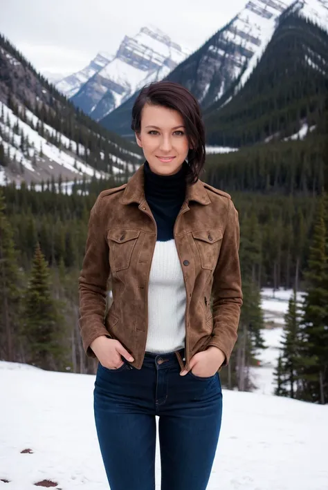 Instagram picture of a beautiful woman wearing a brown suede jacket with skinny jeans,Banff, Canada during the first snow, <lora:epiNoiseoffset_v2:1>,portrait from above, epic character composition,by ilya kuvshinov, alessio albi, nina masic,sharp focus, subsurface scattering, f2, 35mm, film grain ,smile <lora:Emargan:1>