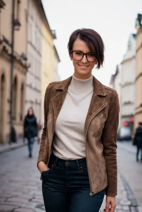 Instagram picture of a beautiful woman wearing a brown suede jacket with skinny jeans,Prague, Czech Republic in winter,sunglasses, epic character composition,by ilya kuvshinov, alessio albi, nina masic,sharp focus, subsurface scattering, f2, 35mm, film grain ,sexy smile <lora:Emargan:1>