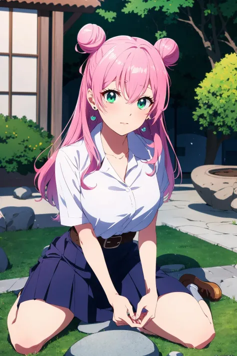 ((masterpiece)), (best quality), official art, extremely detailed CG, unity 8k wallpaper, ultra detailed, highly detailed, detailed background, vivid color, photorealistic, perfect lighting, best illumination,
watanabe_akari, 1girl, solo, (green eyes), aqua eyes, pink hair, hair between eyes, long hair, hair bun, double bun, cone hair bun,
(mathayom uniform), white shirt, short sleeves, (black pleated long skirt) , belt, miniskirt,
earrings, heart earrings, large breasts, Experience the serenity of a traditional Japanese Zen garden, with its meticulously raked gravel, strategically placed rocks, and carefully pruned trees,
<lora:watanabe_akari:0.5>, <lora:mathayom22:0.8>