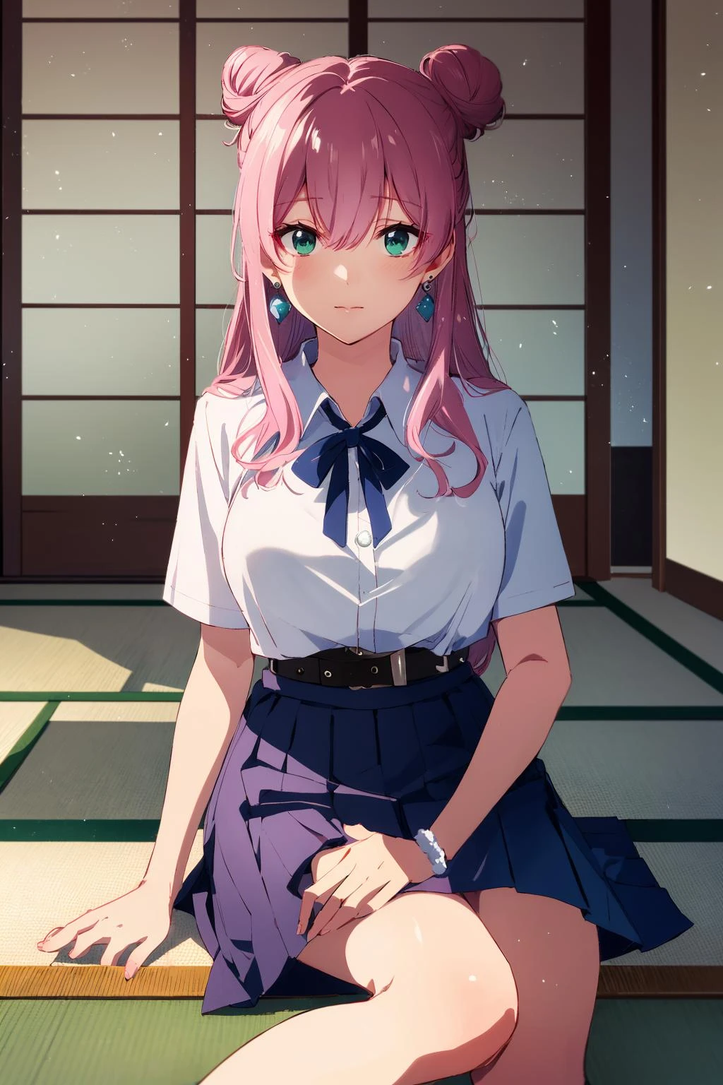((masterpiece)), (best quality), official art, extremely detailed CG, unity 8k wallpaper, ultra detailed, highly detailed, detailed background, vivid color, photorealistic, perfect lighting, best illumination,
watanabe_akari, 1girl, solo, (green eyes), aqua eyes, pink hair, hair between eyes, long hair, hair bun, double bun, cone hair bun,
(mathayom uniform), white shirt, short sleeves, (black pleated long skirt) , belt, miniskirt,
earrings, heart earrings, large breasts, Step into a traditional Japanese tearoom, with its tatami flooring, sliding doors, and minimalist aesthetic, offering a serene space for tea ceremonies and reflection,
<lora:watanabe_akari:0.5>, <lora:mathayom22:0.8>