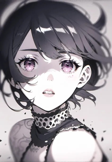 yoneyama mai, 1girl, solo, looking at viewer, short hair, open mouth, bangs, simple background, bare shoulders, purple eyes, monochrome, upper body, greyscale, parted lips, teeth, pink eyes, grey background, blurry, eyelashes, tattoo, floating hair, shadow, upper teeth only, looking away, wind, portrait, spot color, chromatic aberration, shade, halftone