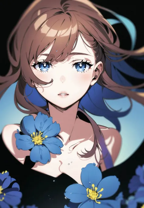 yoneyama mai, 1girl, solo, long hair, looking at viewer, bangs, blue eyes, simple background, brown hair, hair between eyes, blue hair, upper body, flower, parted lips, water, floating hair, half-closed eyes, black background, portrait, blue flower