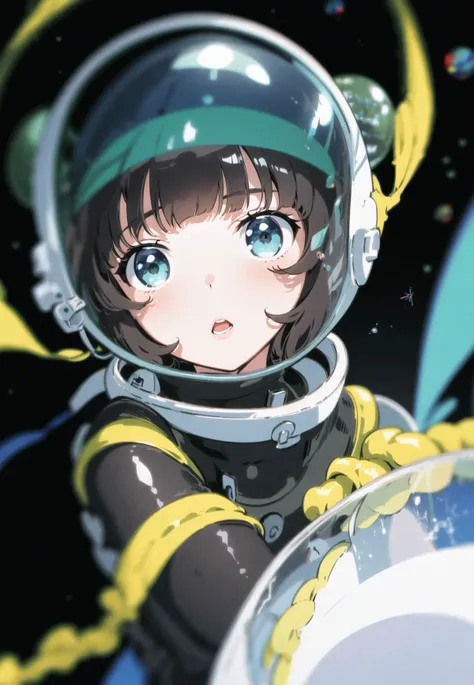yoneyama mai, 1girl, solo, short hair, open mouth, bangs, brown hair, black hair, gloves, green eyes, parted lips, blunt bangs, water, blurry, bodysuit, depth of field, helmet, black background, reflection, fish, bubble, chromatic aberration, space, air bubble, planet, earth (planet), surreal, abstract, spacesuit, space helmet