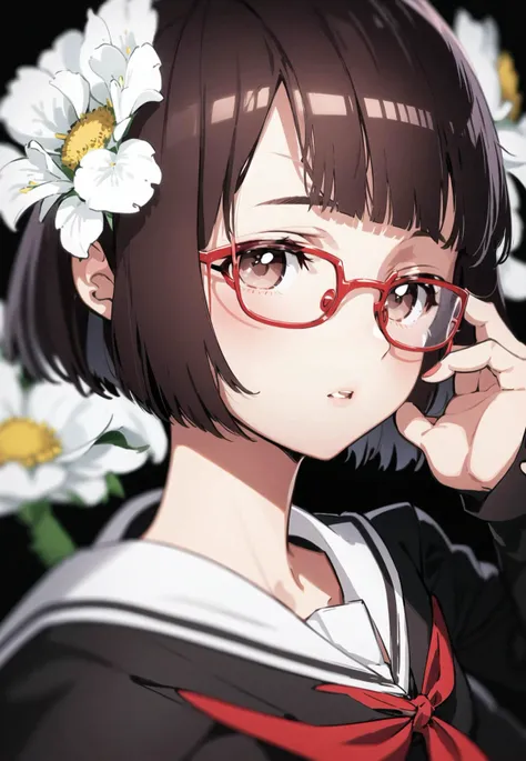 yoneyama mai, 1girl, solo, looking at viewer, short hair, bangs, simple background, brown hair, shirt, long sleeves, ribbon, brown eyes, school uniform, white shirt, upper body, flower, parted lips, glasses, serafuku, hand up, blunt bangs, sailor collar, red ribbon, grey eyes, neck ribbon, leaf, bob cut, white flower, black background, portrait, red-framed eyewear, white sailor collar, adjusting eyewear, hand on eyewear