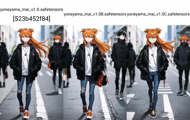 yoneyama mai, 1girl, long hair, looking at viewer, short hair, bangs, blue eyes, brown hair, shirt, hair ornament, long sleeves, 1boy, holding, hair between eyes, jewelry, standing, jacket, full body, white shirt, white hair, outdoors, open clothes, shoes, pants, hand up, hood, necklace, black footwear, orange hair, blurry, english text, coat, black jacket, floating hair, blurry background, black pants, denim, casual, sneakers, clothes writing, walking, hand in pocket, black coat, jeans, blue pants, interface headset, souryuu asuka langley