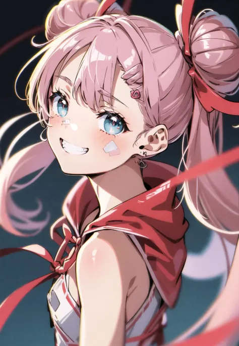 yoneyama mai, 1girl, solo, long hair, looking at viewer, blush, smile, bangs, blue eyes, blonde hair, hair ornament, bow, ribbon, twintails, jewelry, very long hair, green eyes, hair ribbon, upper body, pink hair, braid, hair bow, earrings, teeth, hairclip, hood, hair bun, armor, grin, blurry, red bow, from side, aqua eyes, red ribbon, see-through, double bun, hoodie, floating hair, blue background, bandages, hood down, pink bow, bandaid, pink ribbon, bandaged arm, bandaid on face, chromatic aberration, aqua background, bandaid on nose