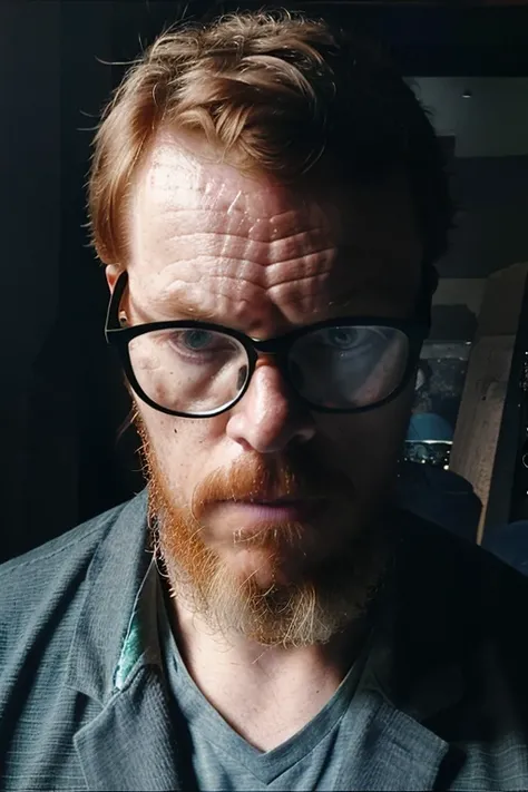 a portrait of a ginger with glasses, slate atmosphere, cinematic, dimmed colors, dark shot, muted colors, film grainy, lut, insane details, intricate details, hyperdetailed, closeup, twilight