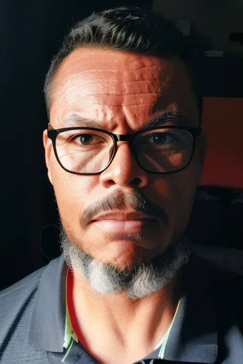 nerdphoton1,portrait of a man with glasses, wearing a red and white polo shirt, (highly detailed skin:1.2), (hyper-realistic, uhd:1.2), black background, backlight, 8k