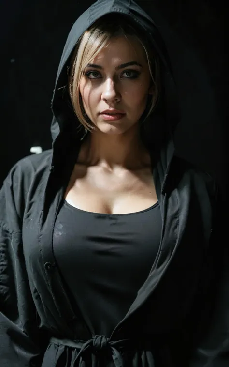 (score_9 score_8_up:0.7), very dark, chiaroscuro, film grain, photo, rating_safe,
1girl, 30yo latina, solo, mysterious, closeup, upper body, black eyeliner,
black background,
black tshirt under hooded robe, hood up,
(large breasts:0.6), blonde hair,
artificial lighting, dimly lit,
movement, motion blur,
dimly lit, red lights,
<lora:da3_xtract_espxgom_64:1> espxgom