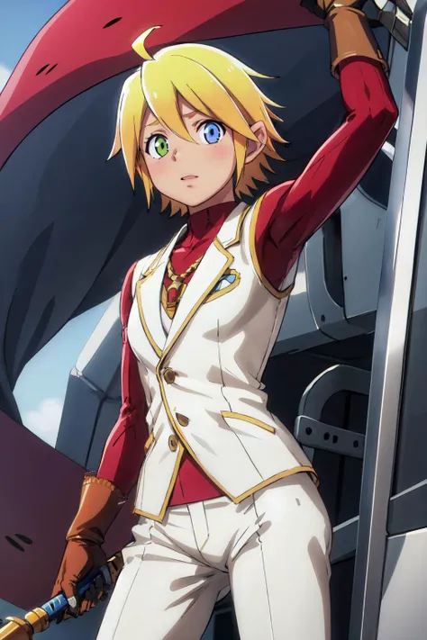 1girl, ura bella fiora, red shirt, white vest, white pants, glove, masterpiece, best quality, detailed <lora:aura-overlord:0.8>