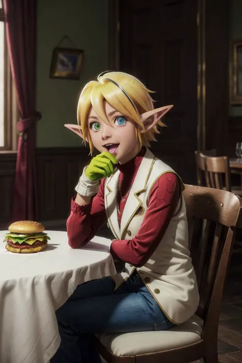 <lora:aura-overlord:0.8>, Hyperrealistic, Masterpiece, Volumetric Lighting, Subsurface Scattering, Photorealistic, anime style, volumetric lighting, best quality, intricate details, tonemapping, sharp focus, hyper detailed, absurdres, highres, extremely fine full body professional photograph of, aura bella fiora, red shirt, white vest, white pants, glove, right eye green, left eye blue, elf ears, pointy ears, looking at viewer, :d, open mouth, 1girl, solo, scene medieval inn, sitting at table, eating hamburger,