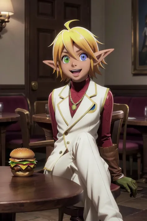<lora:aura-overlord:0.9>, Hyperrealistic, Masterpiece, Volumetric Lighting, Subsurface Scattering, Photorealistic, anime style, volumetric lighting, best quality, intricate details, tonemapping, sharp focus, hyper detailed, absurdres, highres, extremely fine full body professional photograph of, aura bella fiora, red shirt, white vest, white pants, glove, right eye green, left eye blue, elf ears, pointy ears, looking at viewer, :d, open mouth, 1girl, solo, scene medieval inn, sitting at table, eating hamburger,