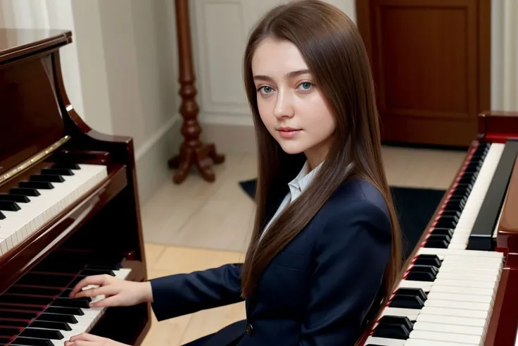 <lora:anna_vlasova_obj20:0.3>, full_body, suit, pants, playing the piano, (anna_vlasova: 1.3), perfect face, (contact iris: 1.1), pale skin, skin pores , depth of field