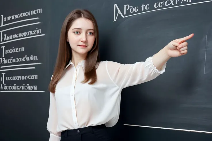 <lora:anna_vlasova_obj20:0.3>, full_body, standing, blouse, pants, pointing at blackboard, russian text, (anna_vlasova: 1.3), perfect face, (contact iris: 1.1), pale skin, skin pores , depth of field