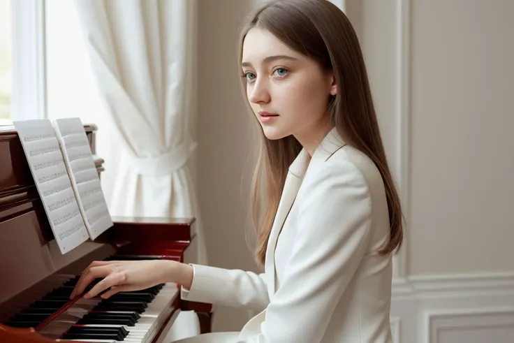 <lora:anna_vlasova_obj20:0.3>, full_body, suit, pants, playing the [piano], (anna_vlasova: 1.3), perfect face, (contact iris: 1.1), pale skin, skin pores , depth of field